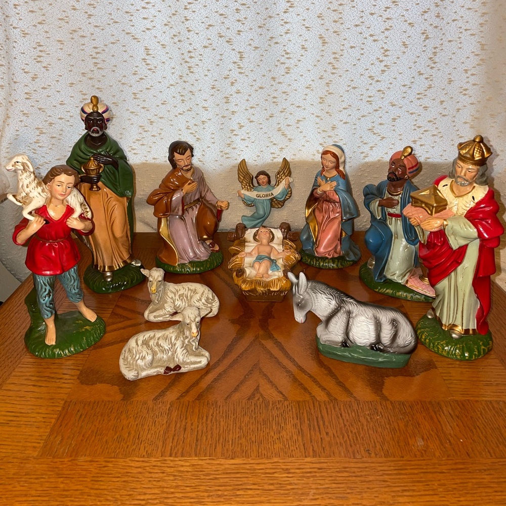 Vintage Paper Mache Nativity Scene Complete 11 PC Set Hand Painted Japan